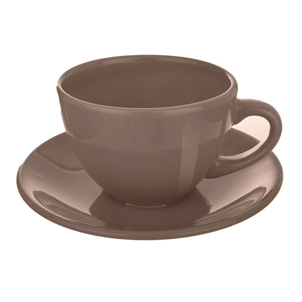Ceramic cup with saucer, brown, ALFA, 220 ml