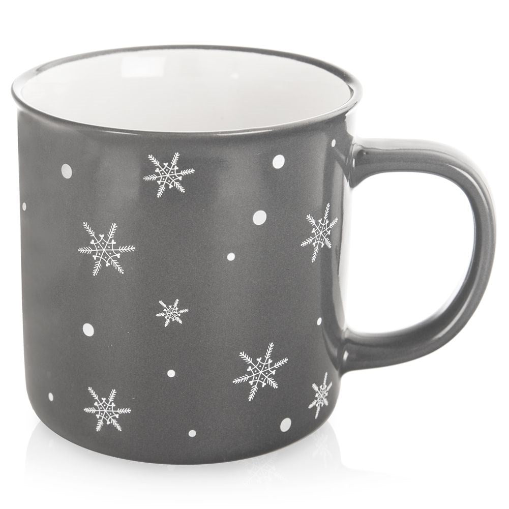 Ceramic mug in gray with snowflake motif, micro safe
