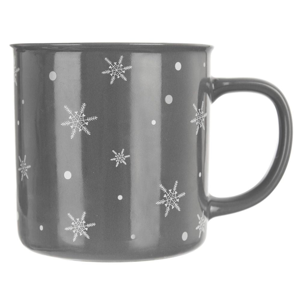 Ceramic mug in gray with snowflake motif, micro safe