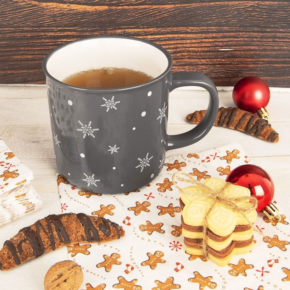 Ceramic mug in gray with snowflake motif, micro safe