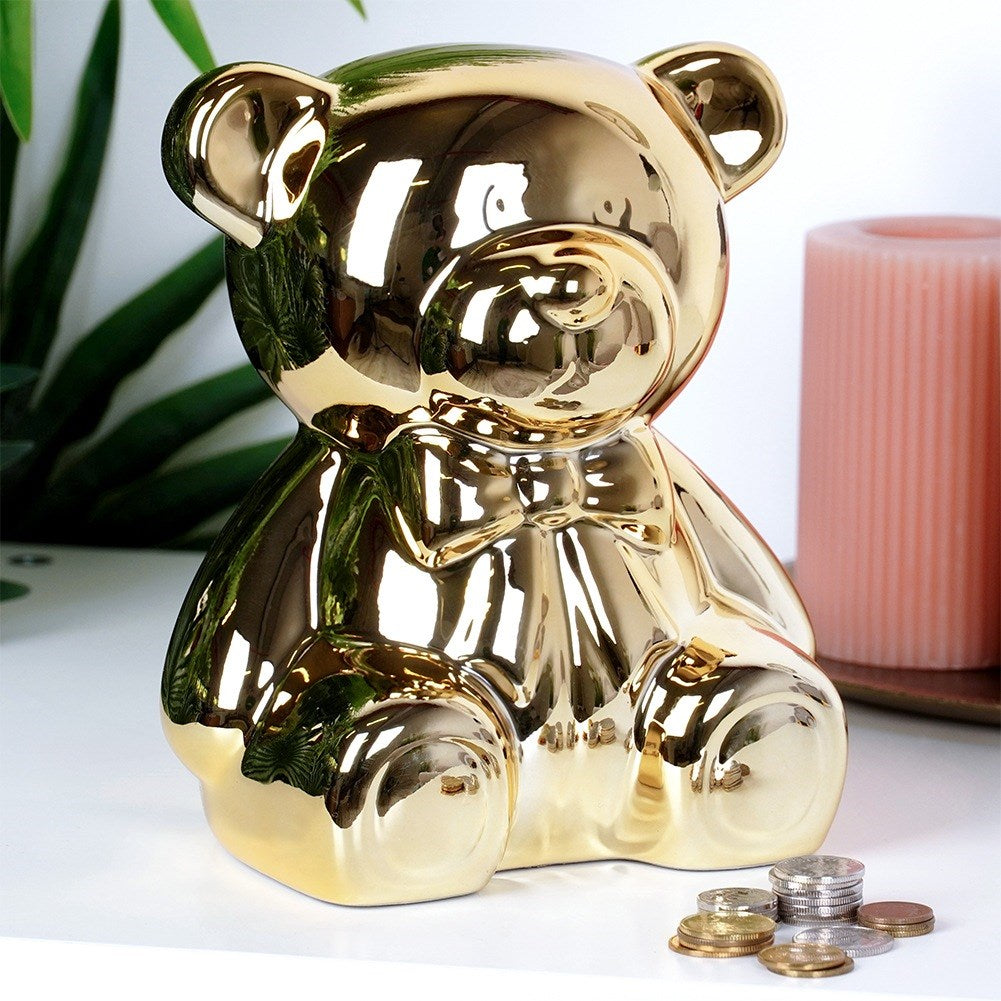 Ceramic piggy bank, gold mirror, 14.5x12.5x17 cm
