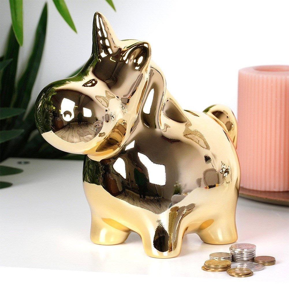 Ceramic piggy bank, gold mirror, 18x10.5 cm