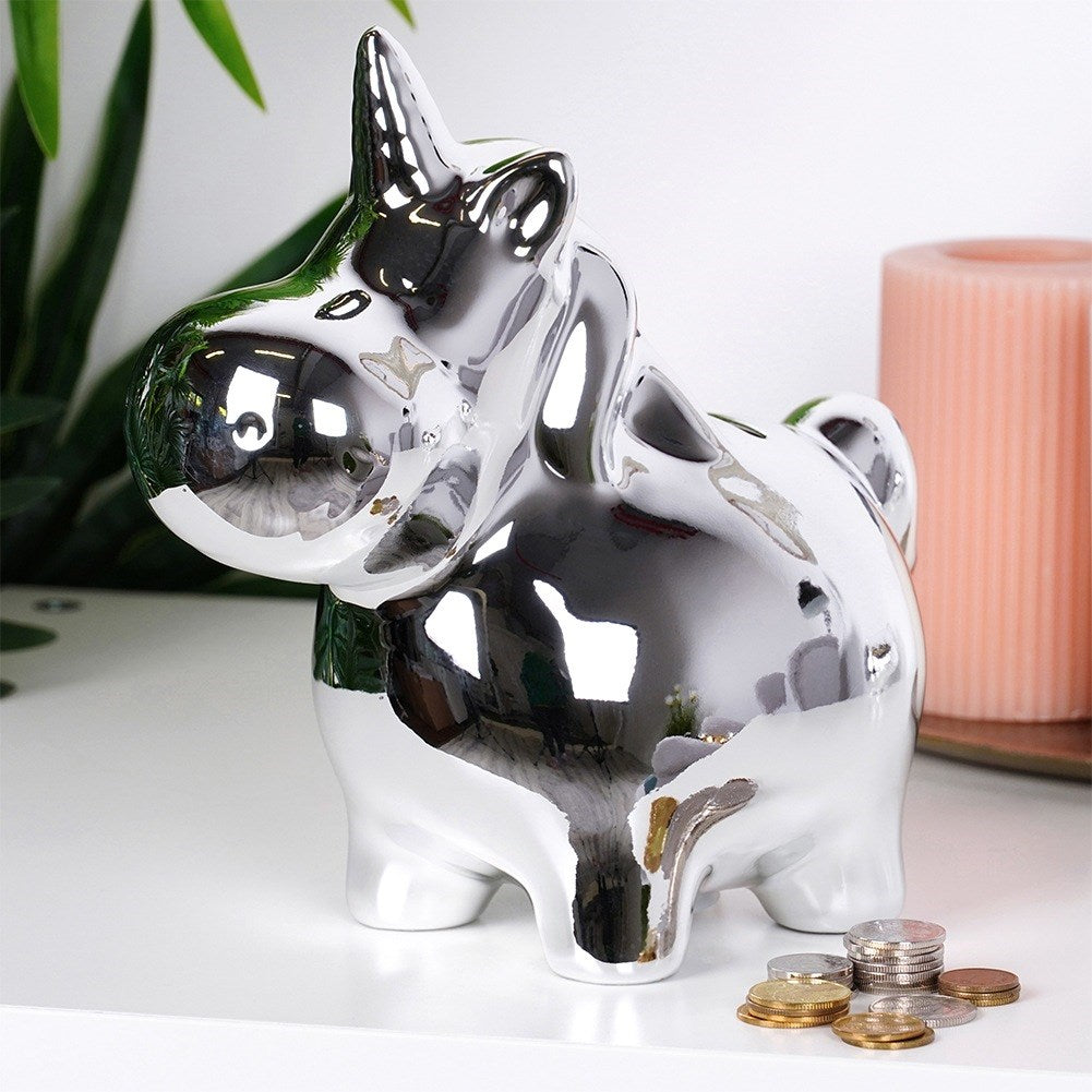 Ceramic piggy bank, silver, mirror, 18x10.5 cm
