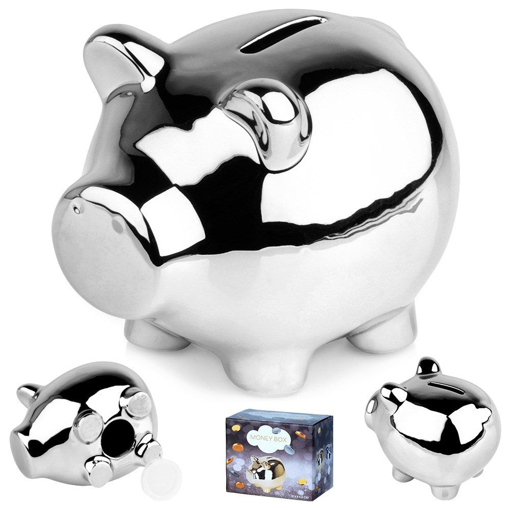 Ceramic piggy bank, silver, mirror finish, 11.5 x 9 cm