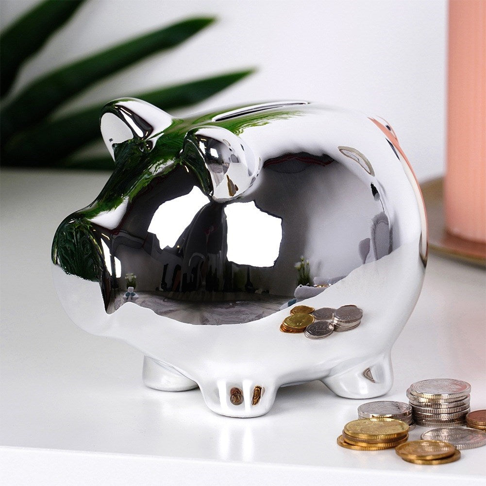 Ceramic piggy bank, silver, mirror finish, 11.5 x 9 cm