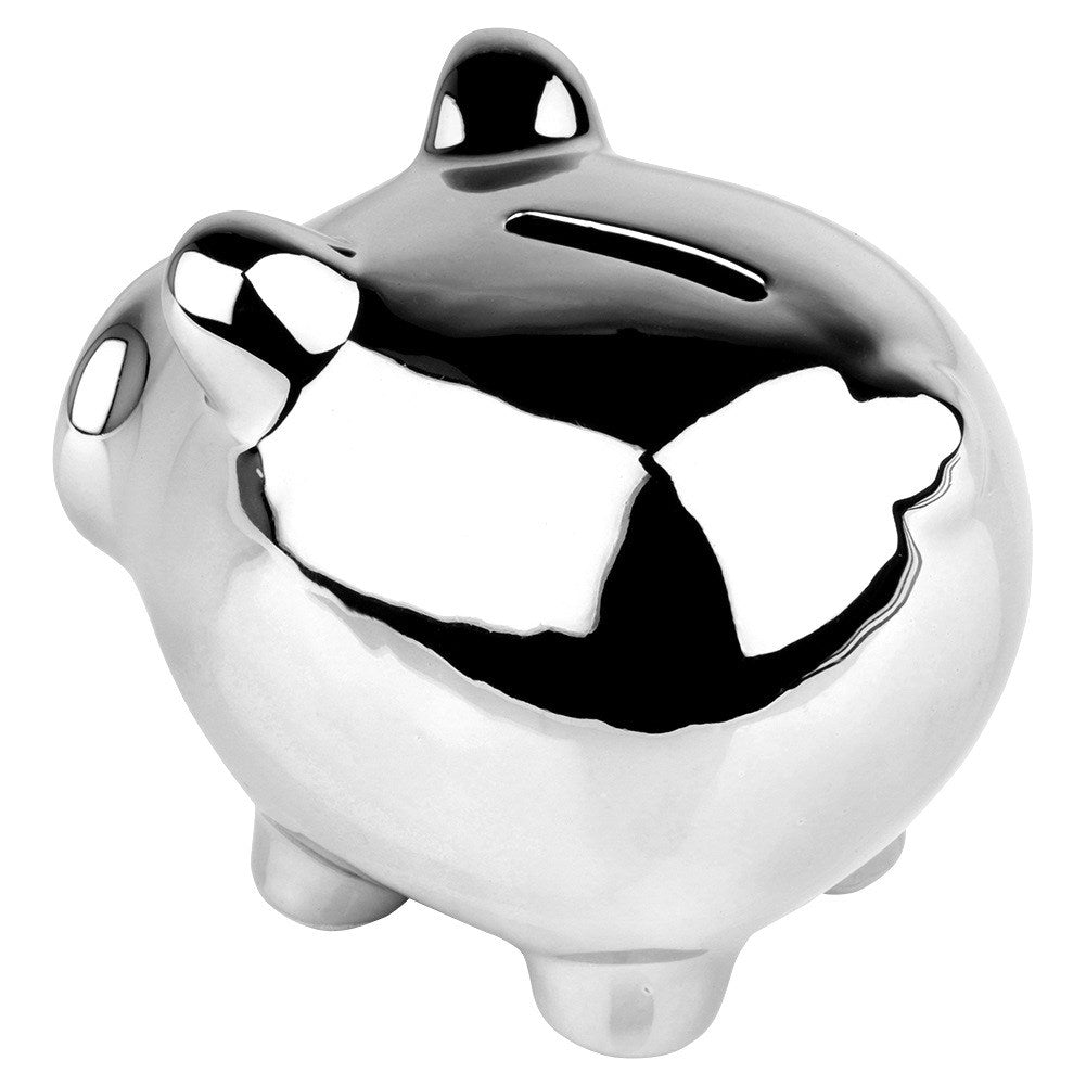 Ceramic piggy bank, silver, mirror finish, 11.5 x 9 cm