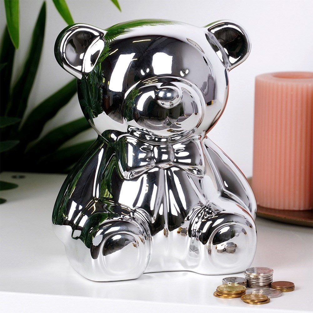 Ceramic piggy bank, silver, mirror finish, 14.5x12.5x17 cm