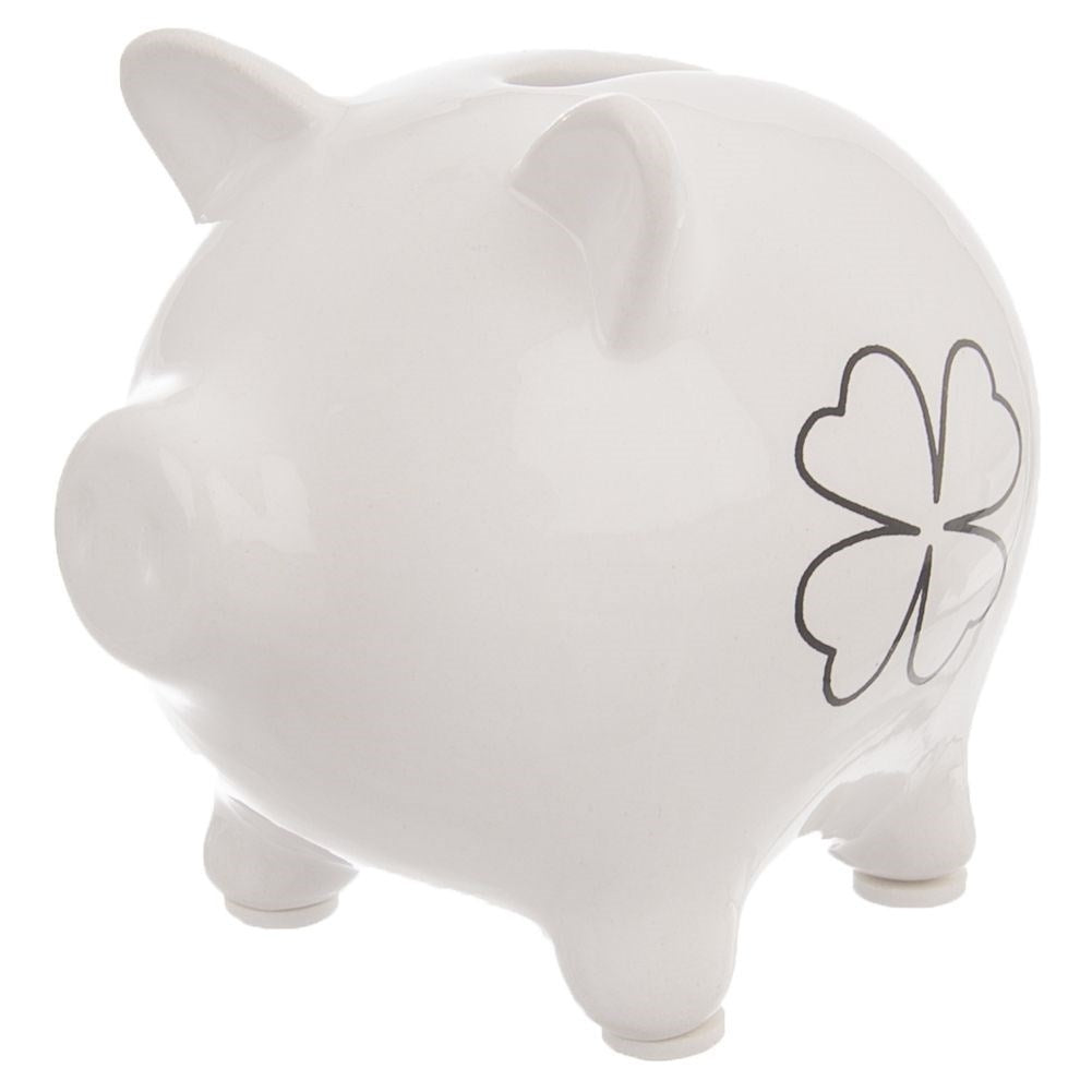 Ceramic piggy bank with clover motif, perfect for saving.