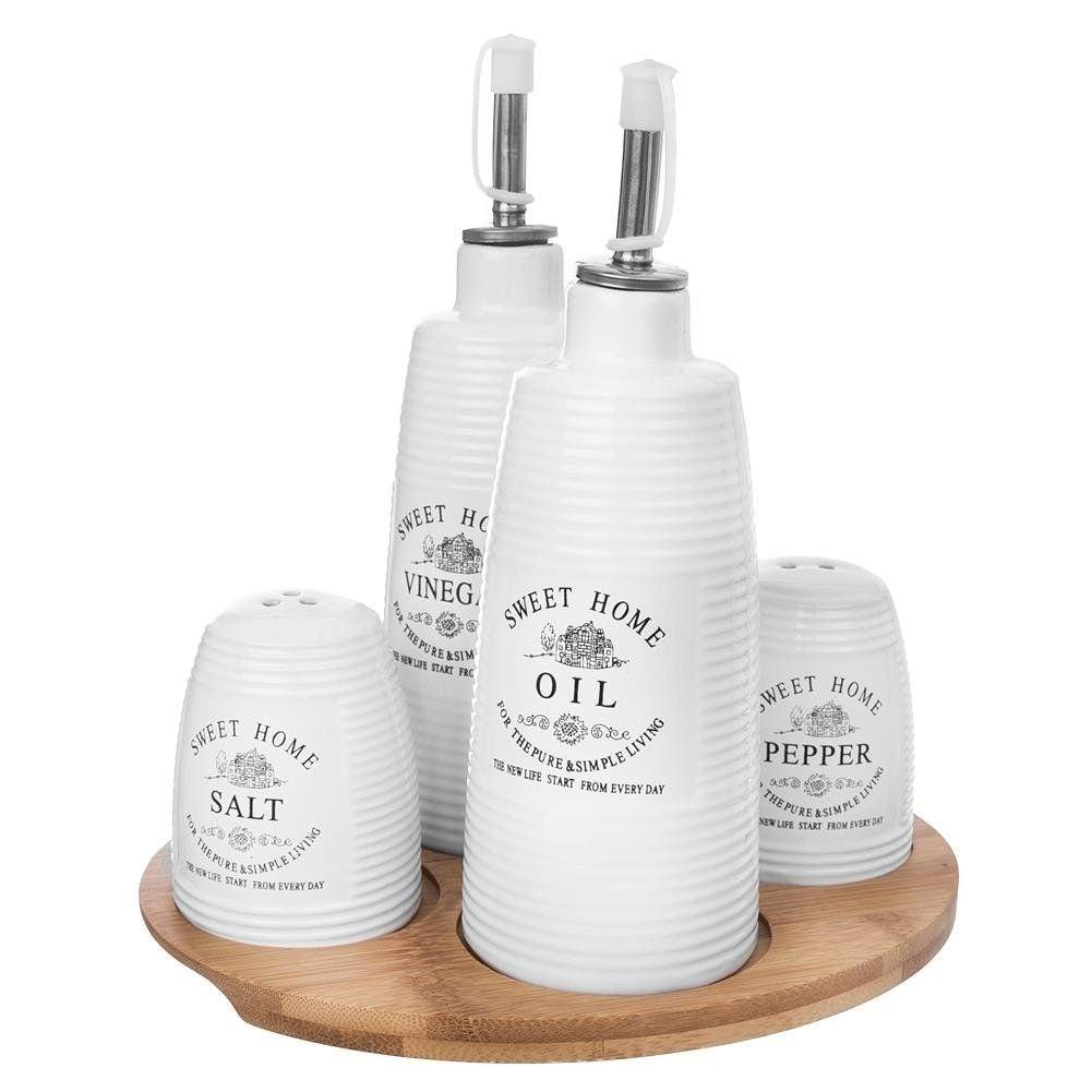 Ceramic spice jars with bamboo base for the kitchen