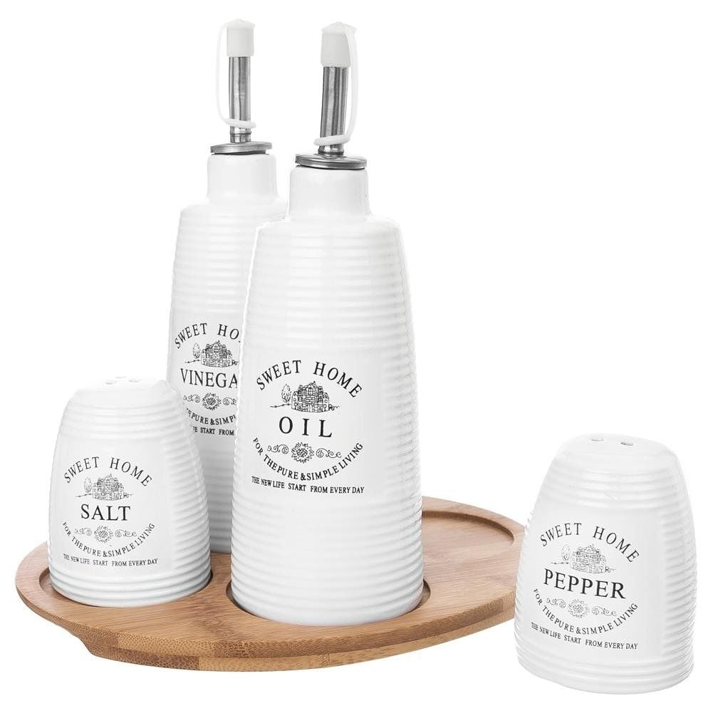 Ceramic spice jars with bamboo base for the kitchen