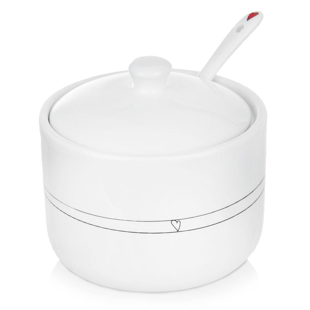 Ceramic sugar bowl with lid and spoon, elegant table decoration