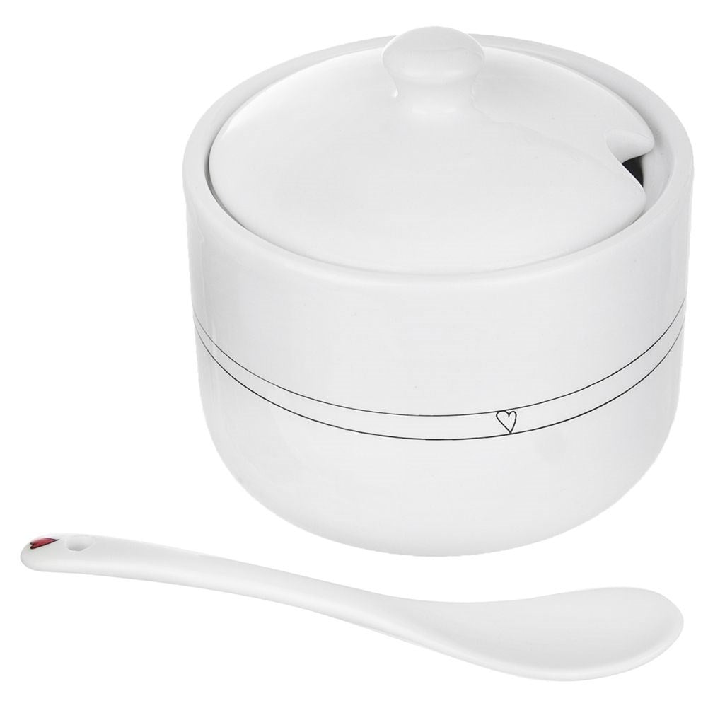 Ceramic sugar bowl with lid and spoon, elegant table decoration