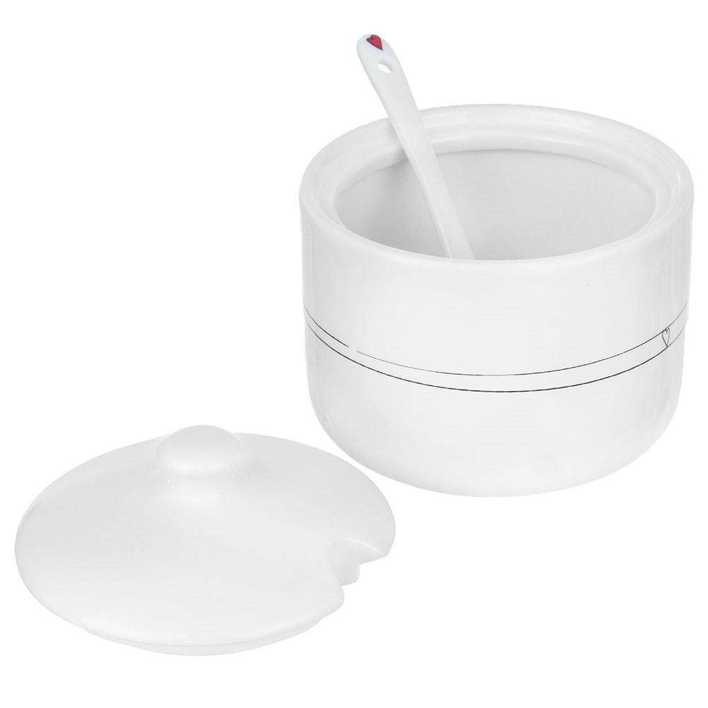 Ceramic sugar bowl with lid and spoon, elegant table decoration