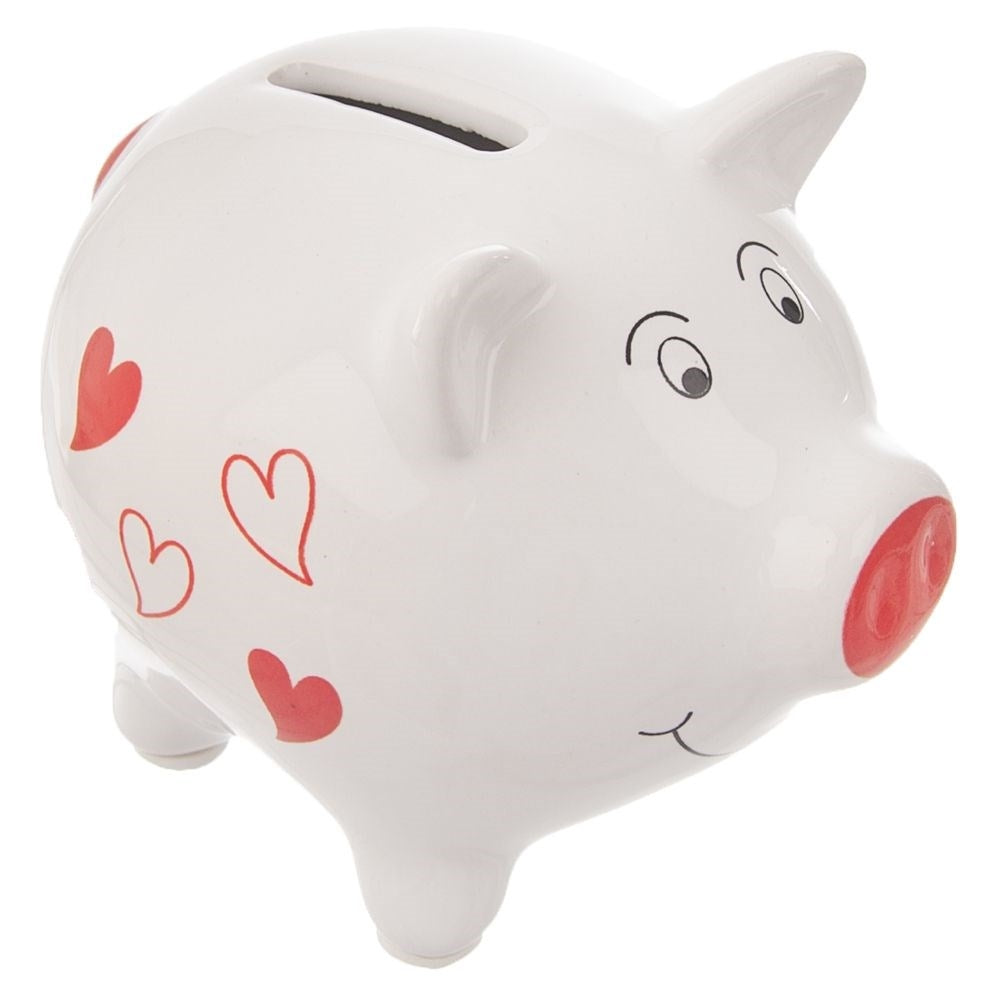Ceramic white piggy bank with heart motif - stylish and practical