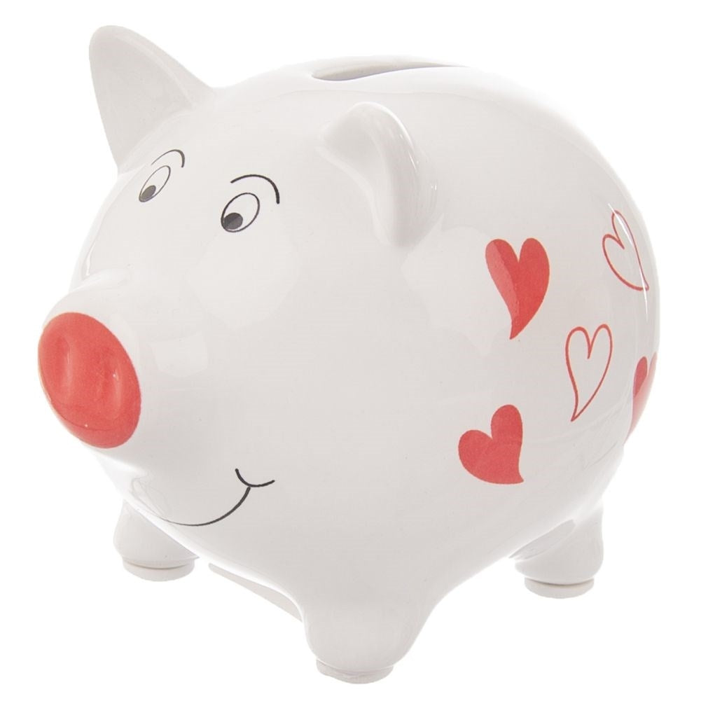 Ceramic white piggy bank with heart motif - stylish and practical