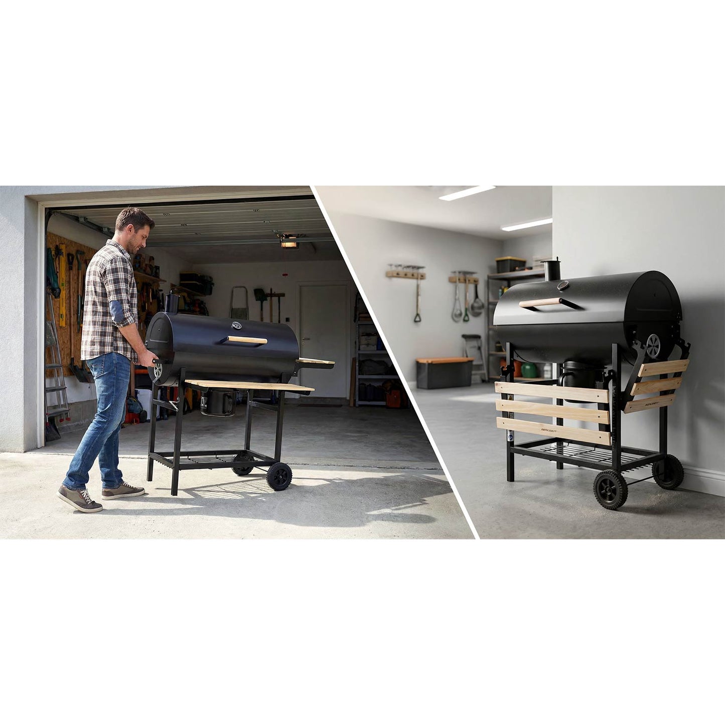 Charcoal Barrel Grill with Chimney, Thermometer, Shelves