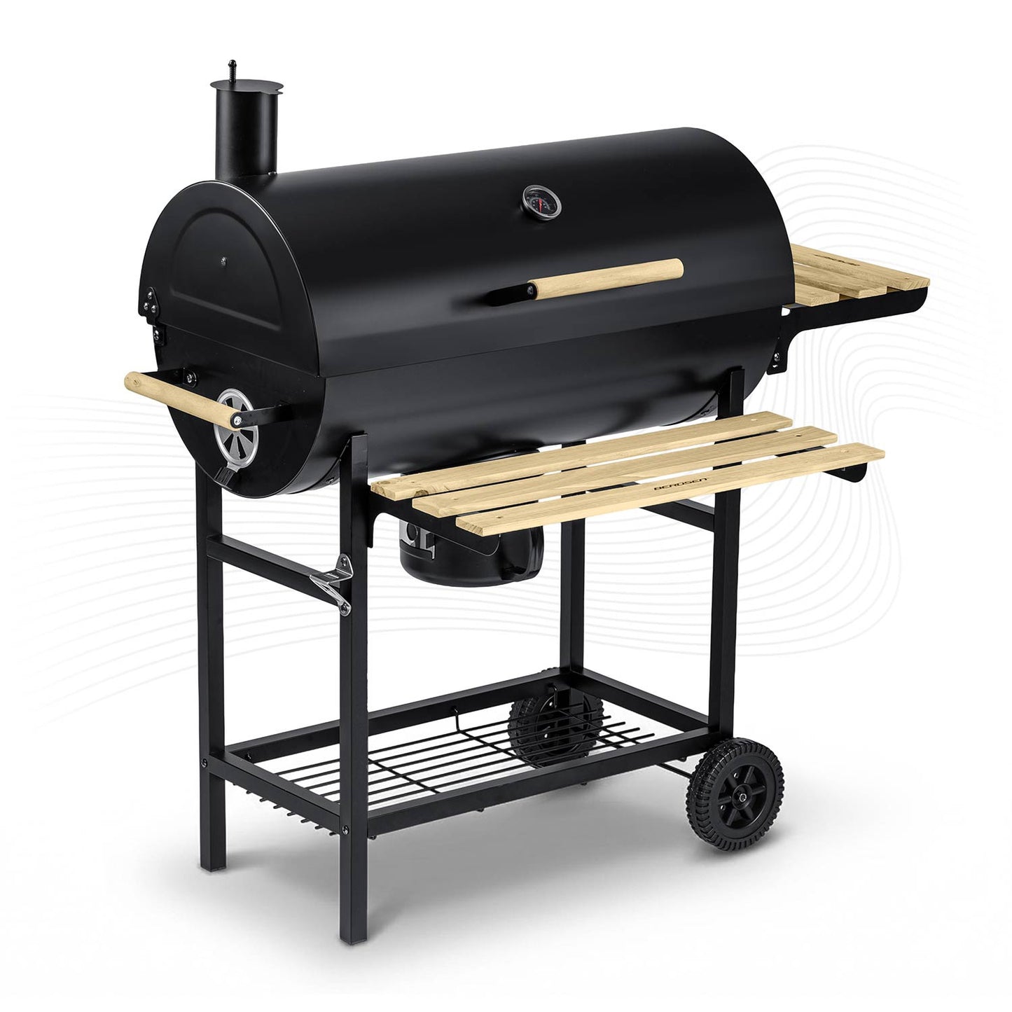 Charcoal Barrel Grill with Chimney, Thermometer, Shelves