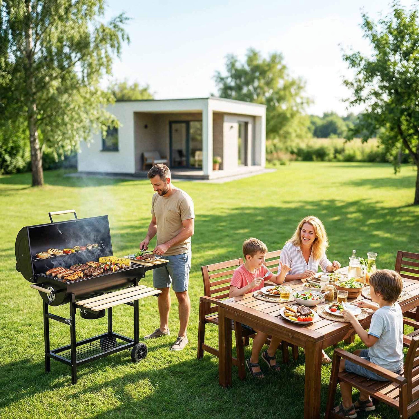 Charcoal Barrel Grill with Chimney, Thermometer, Shelves