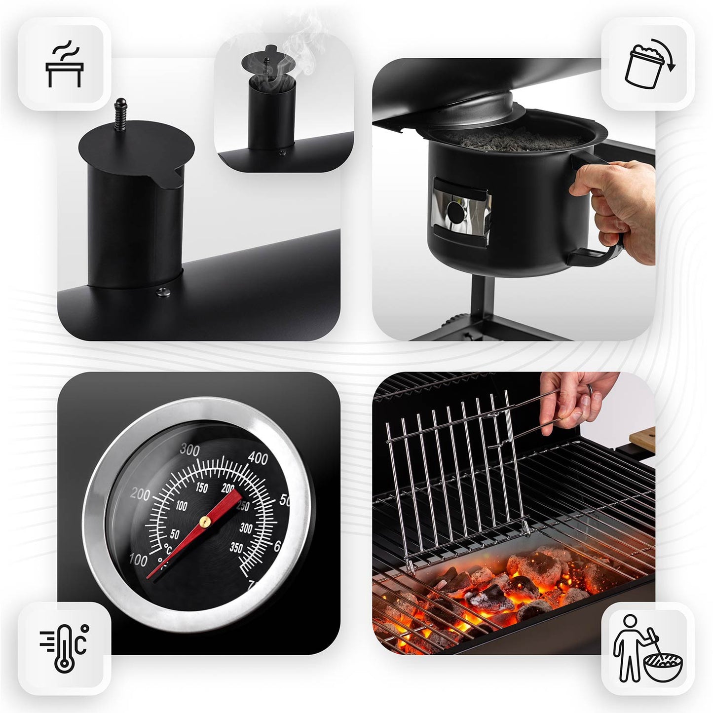 Charcoal Barrel Grill with Chimney, Thermometer, Shelves