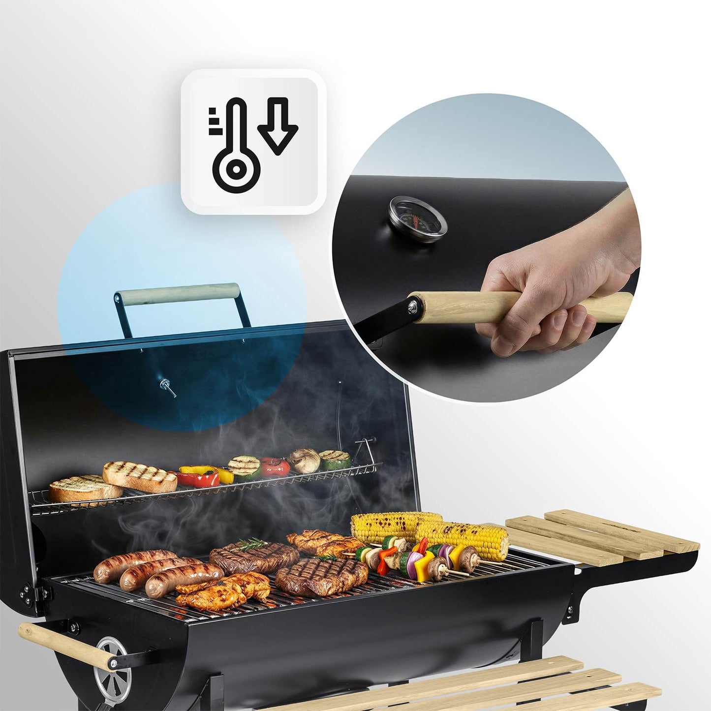 Charcoal Barrel Grill with Chimney, Thermometer, Shelves