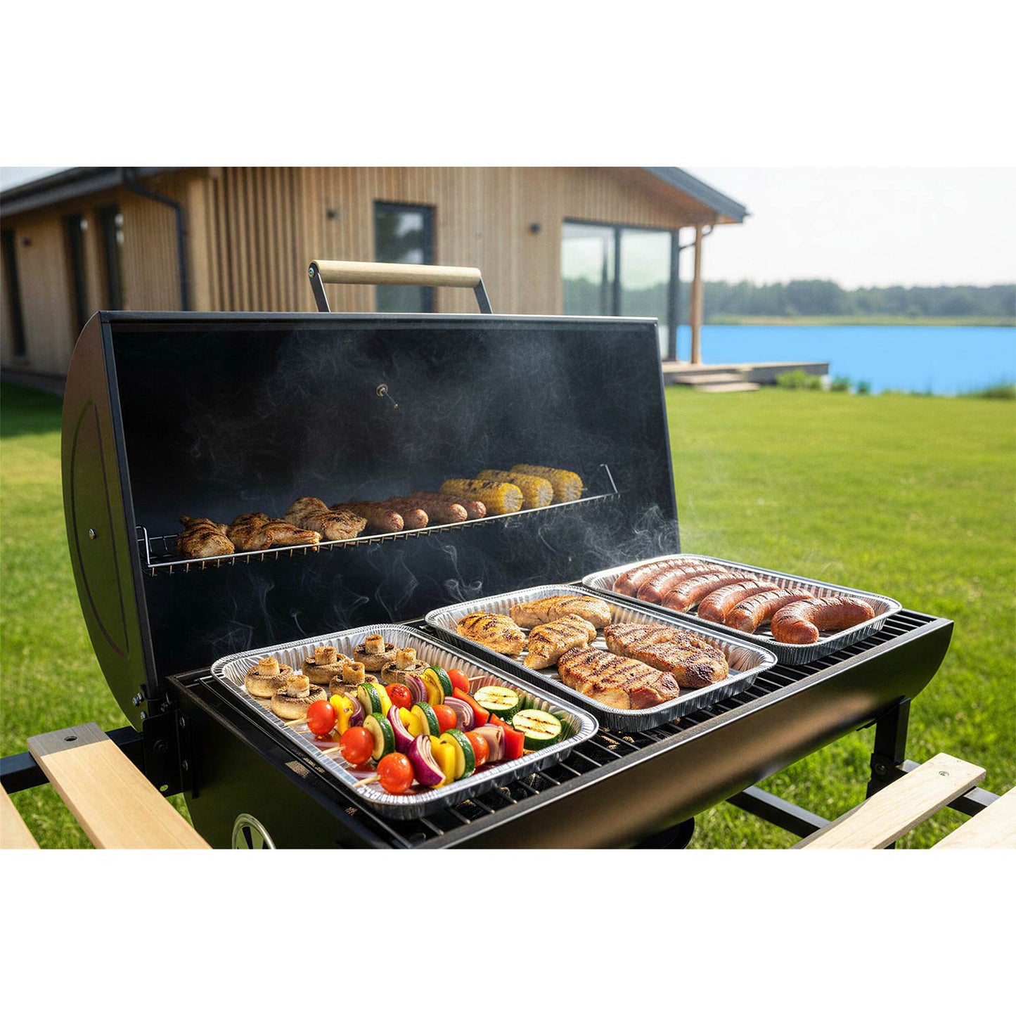 Charcoal Barrel Grill with Chimney, Thermometer, Shelves