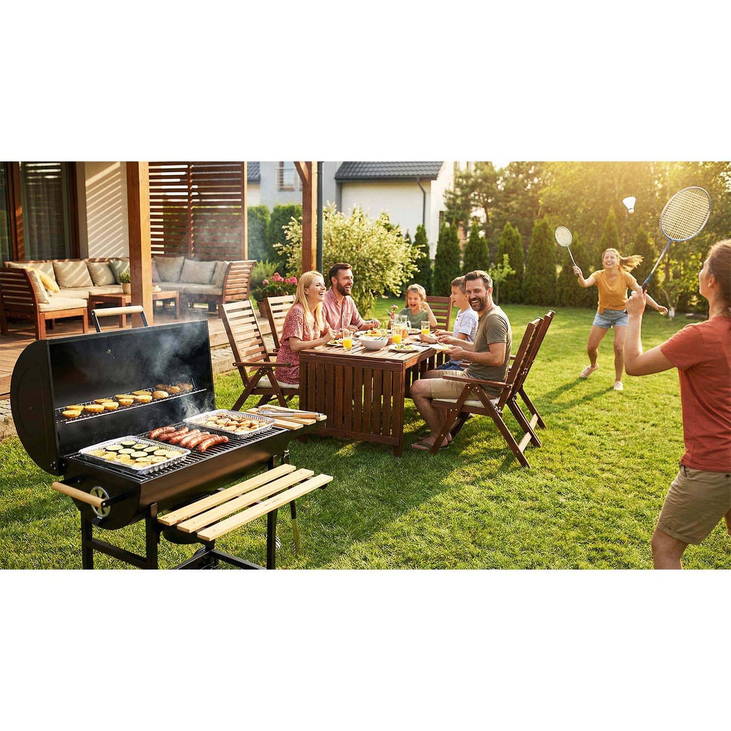 Charcoal Barrel Grill with Chimney, Thermometer, Shelves