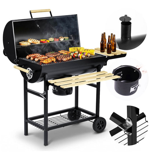 Charcoal Barrel Grill with Chimney, Thermometer, Shelves