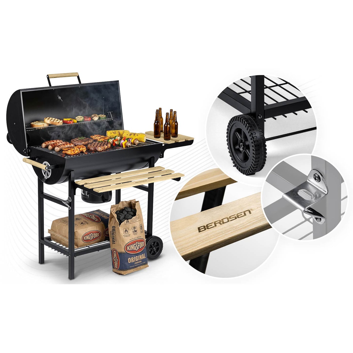 Charcoal Barrel Grill with Chimney, Thermometer, Shelves