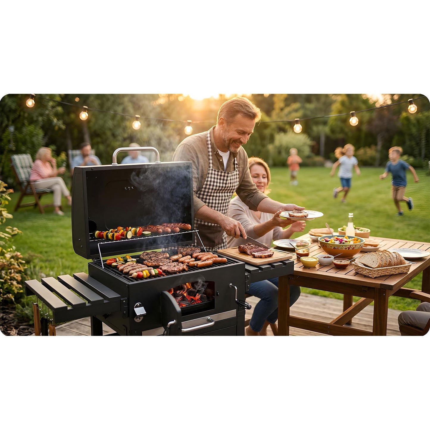 Charcoal Grill with Chimney, Cast Iron Grate, Thermometer