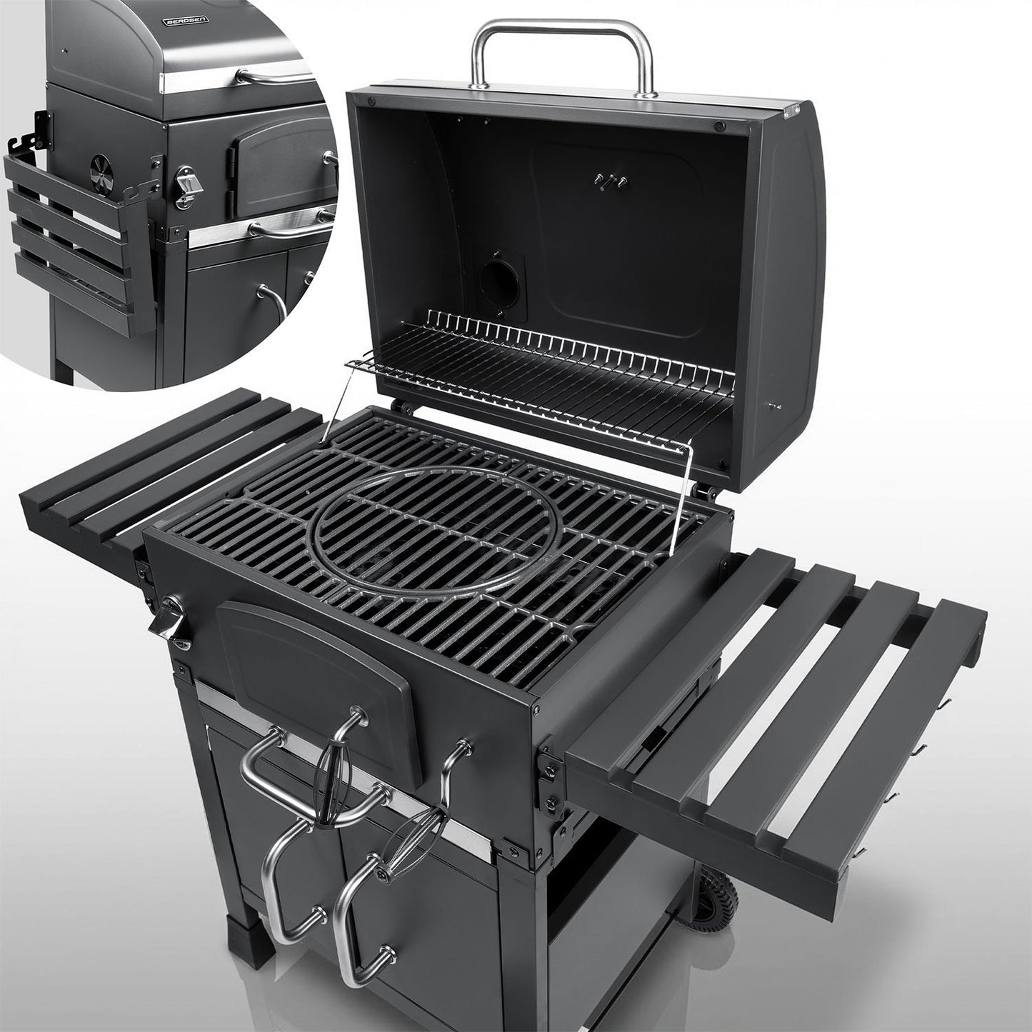 Charcoal Grill with Chimney, Cast Iron Grate, Thermometer