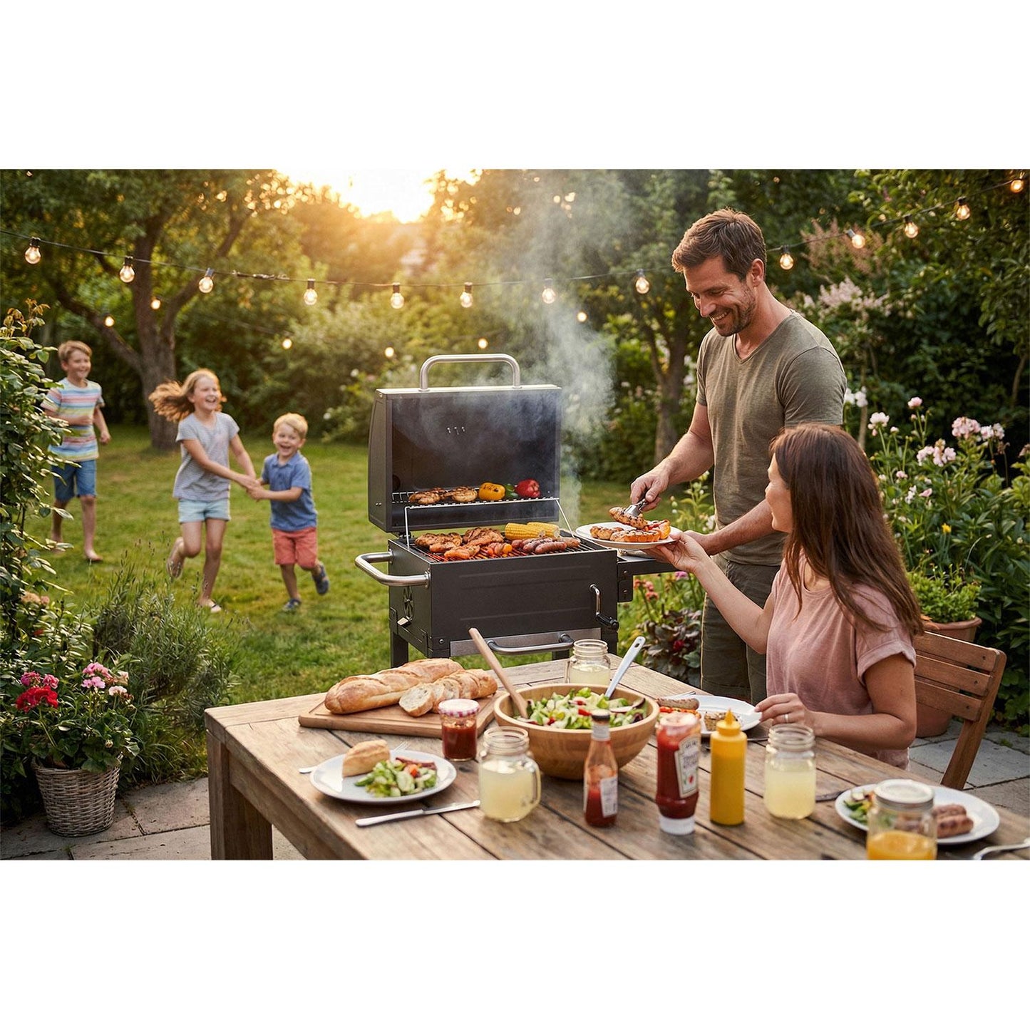 Charcoal Grill with Thermometer and Adjustable Grate