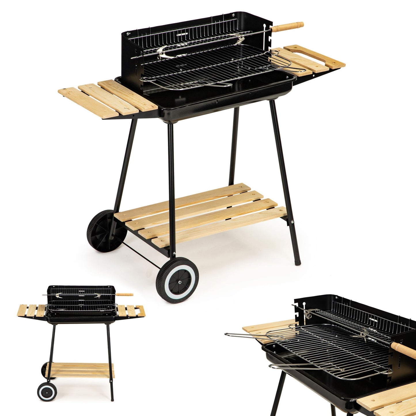 Charcoal garden grill with adjustable shelves and 2 portable grates