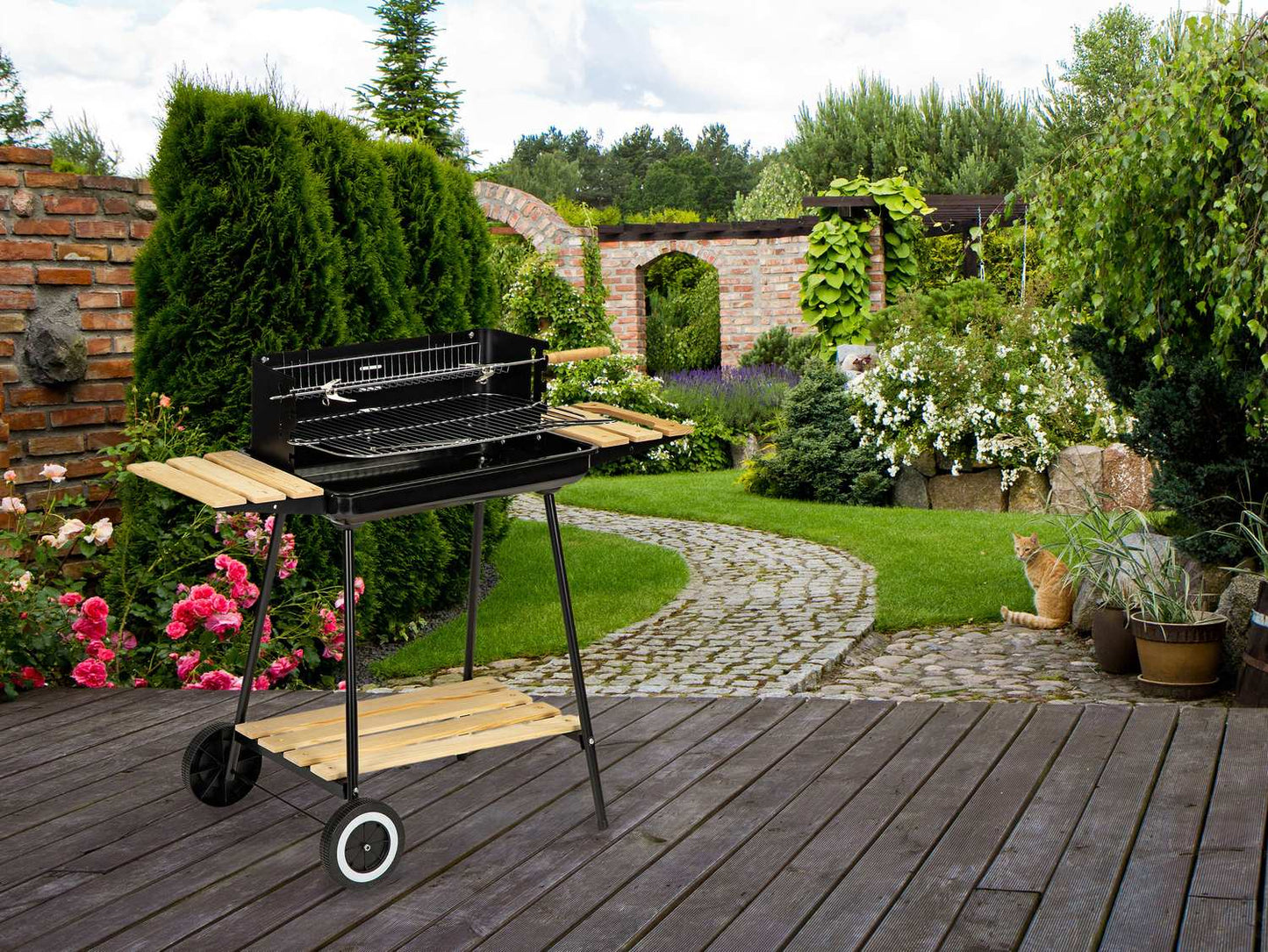 Charcoal garden grill with adjustable shelves and 2 portable grates