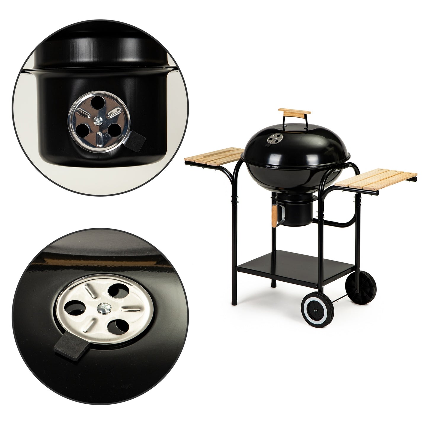 Charcoal garden grill with cover and shelves, grate and ash pan