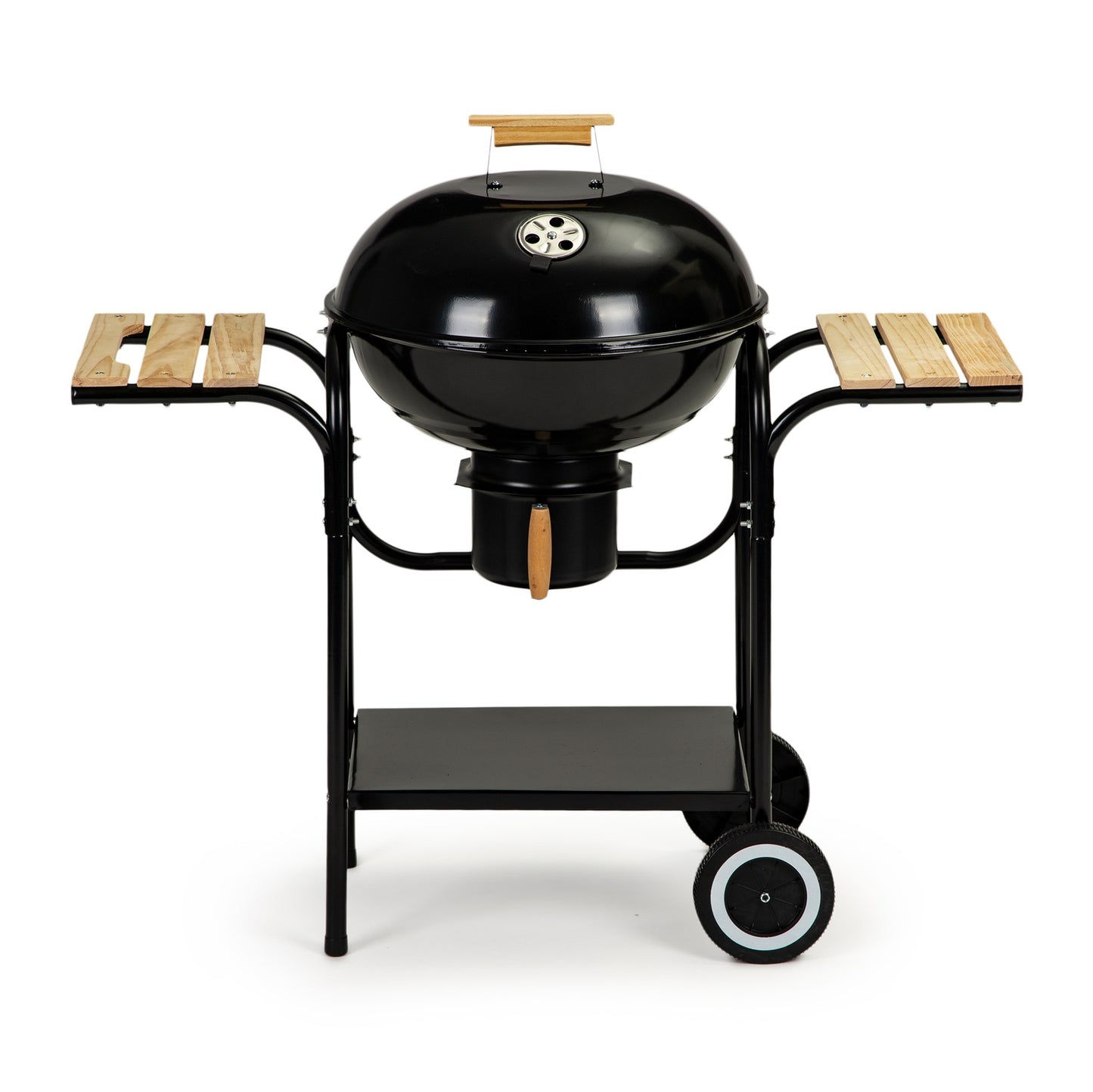 Charcoal garden grill with cover and shelves, grate and ash pan