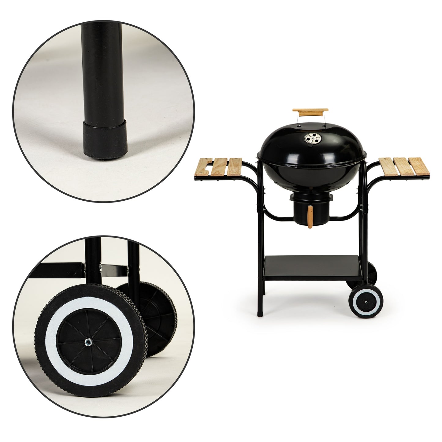 Charcoal garden grill with cover and shelves, grate and ash pan