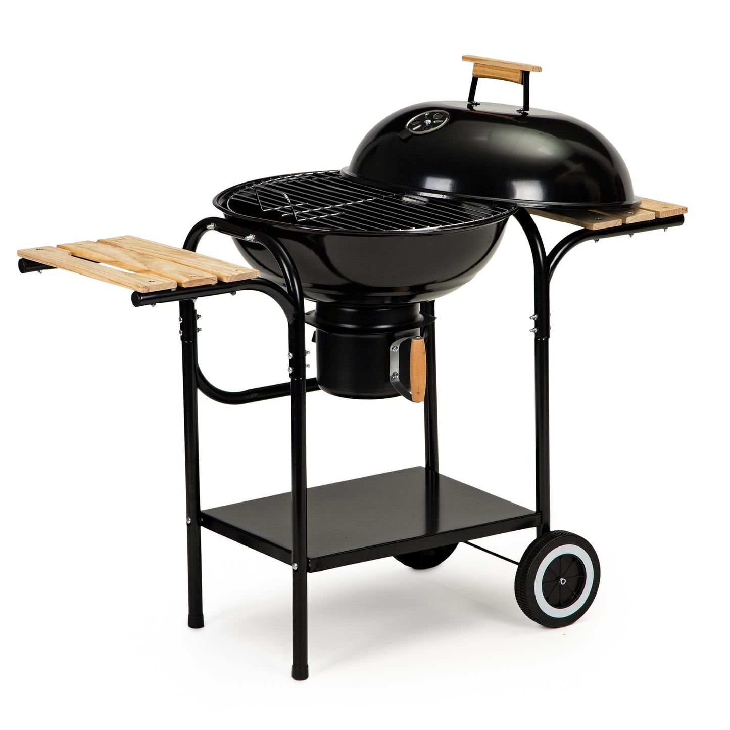 Charcoal garden grill with cover and shelves, grate and ash pan