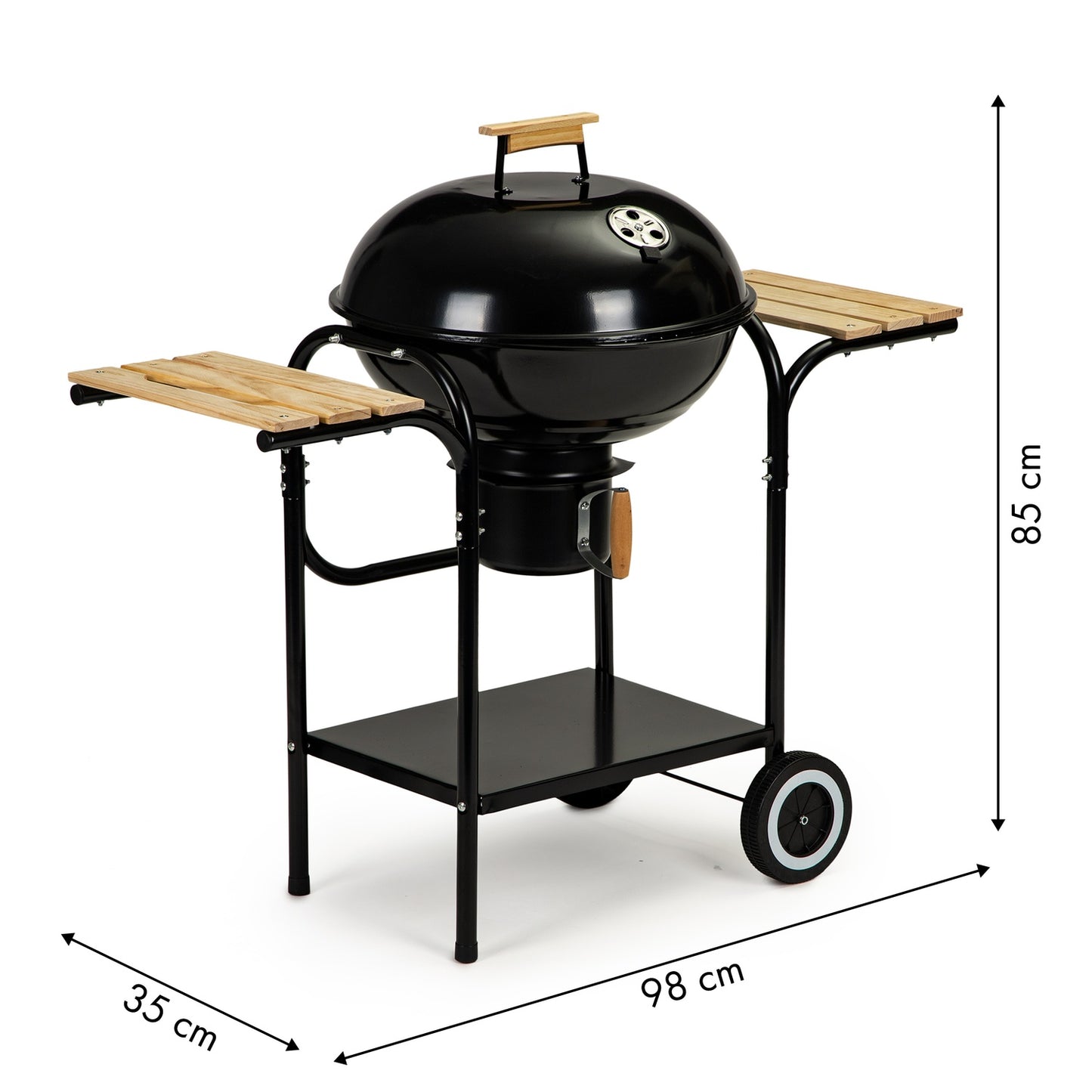 Charcoal garden grill with cover and shelves, grate and ash pan