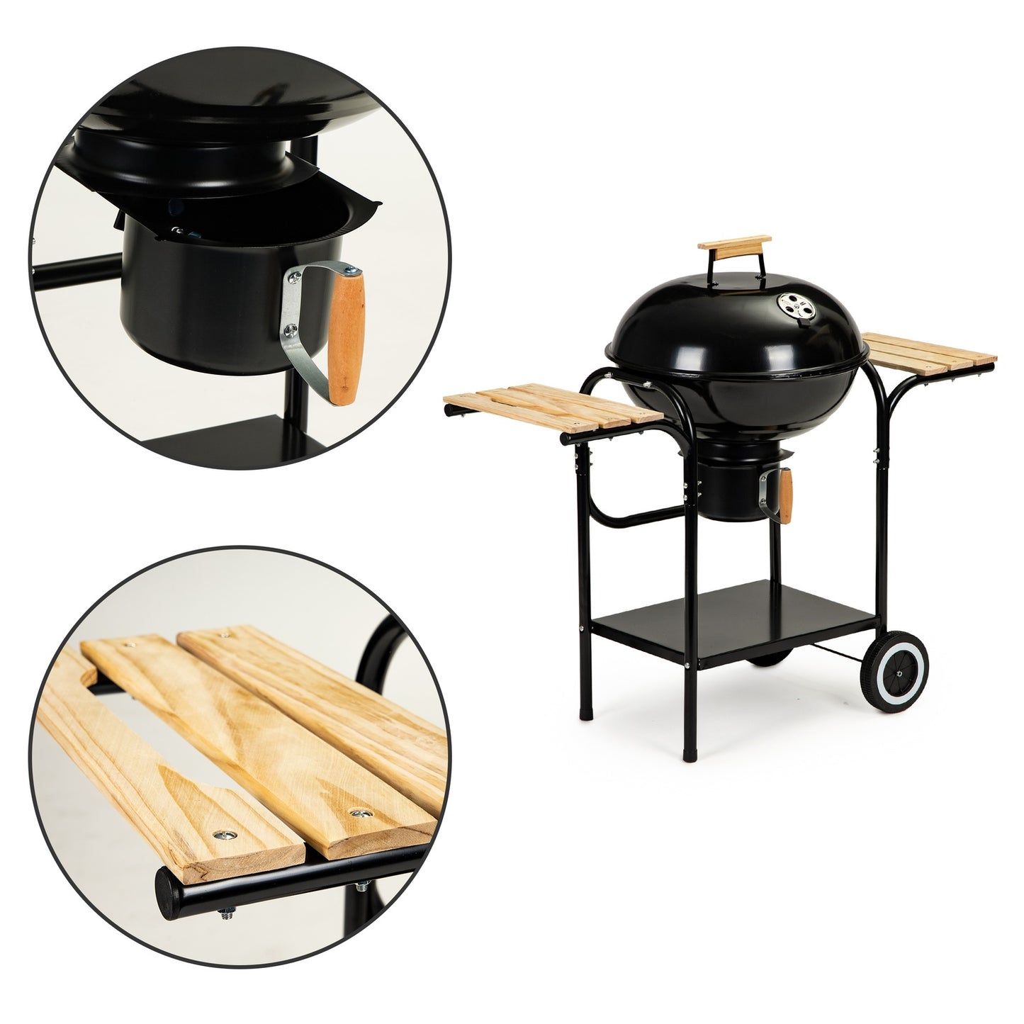 Charcoal garden grill with cover and shelves, grate and ash pan