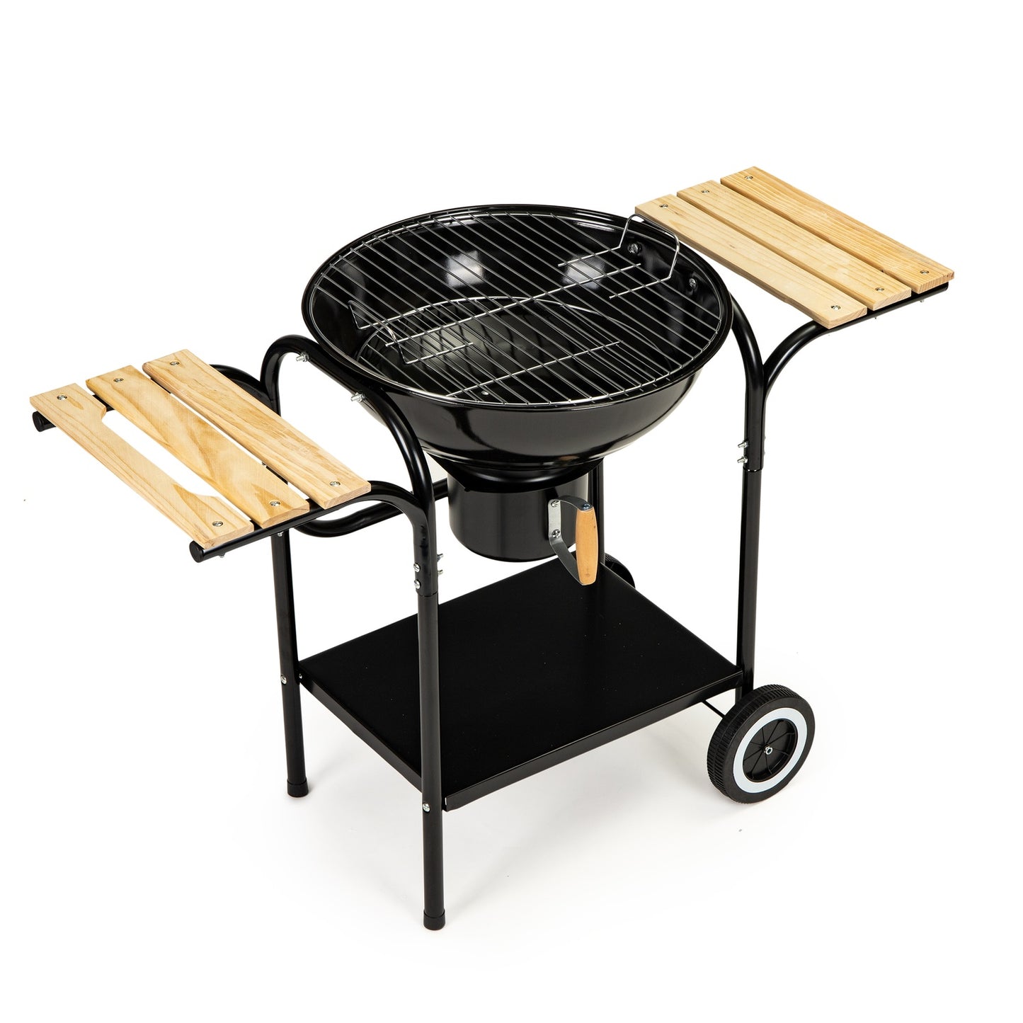 Charcoal garden grill with cover and shelves, grate and ash pan