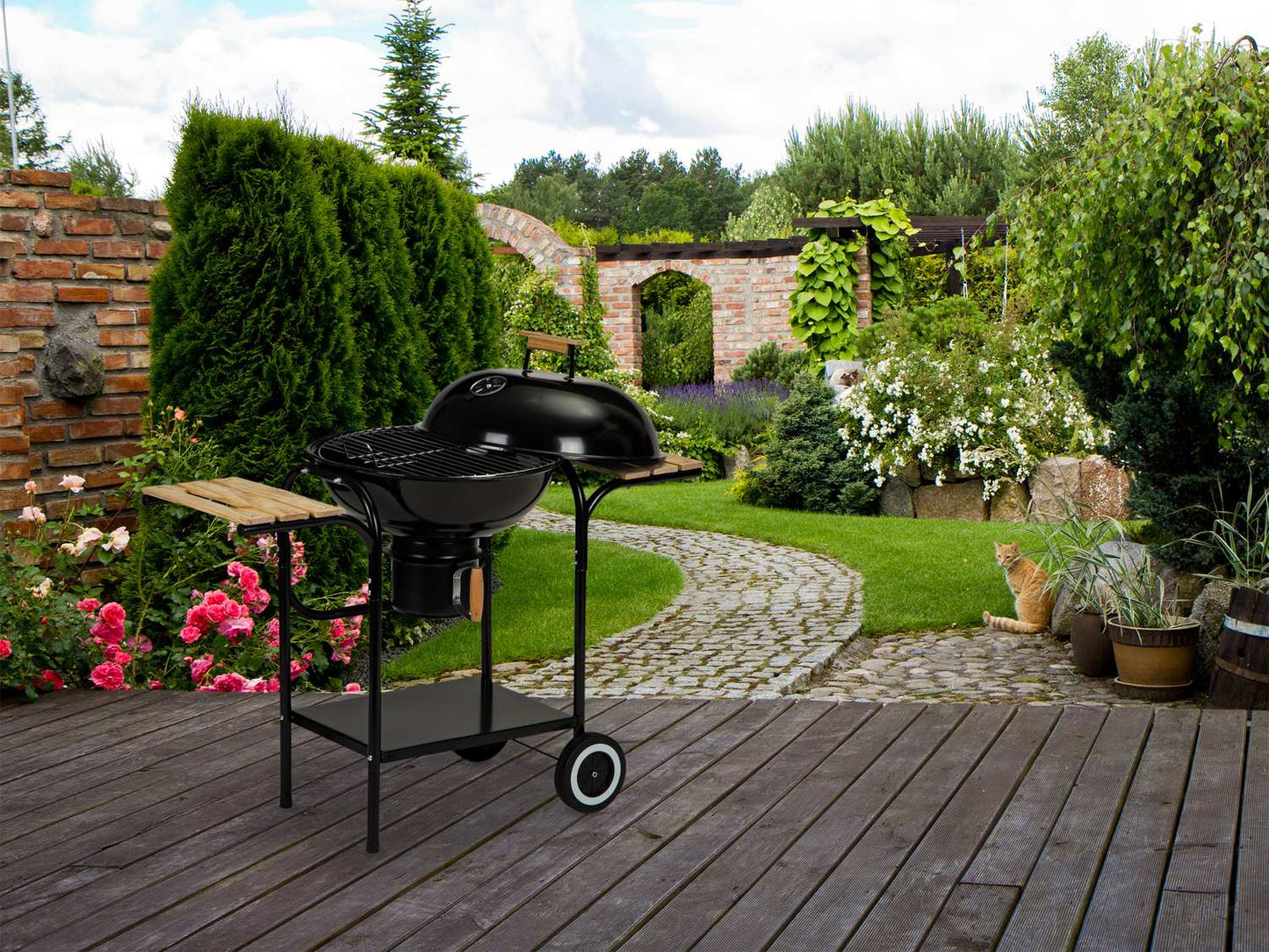 Charcoal garden grill with cover and shelves, grate and ash pan