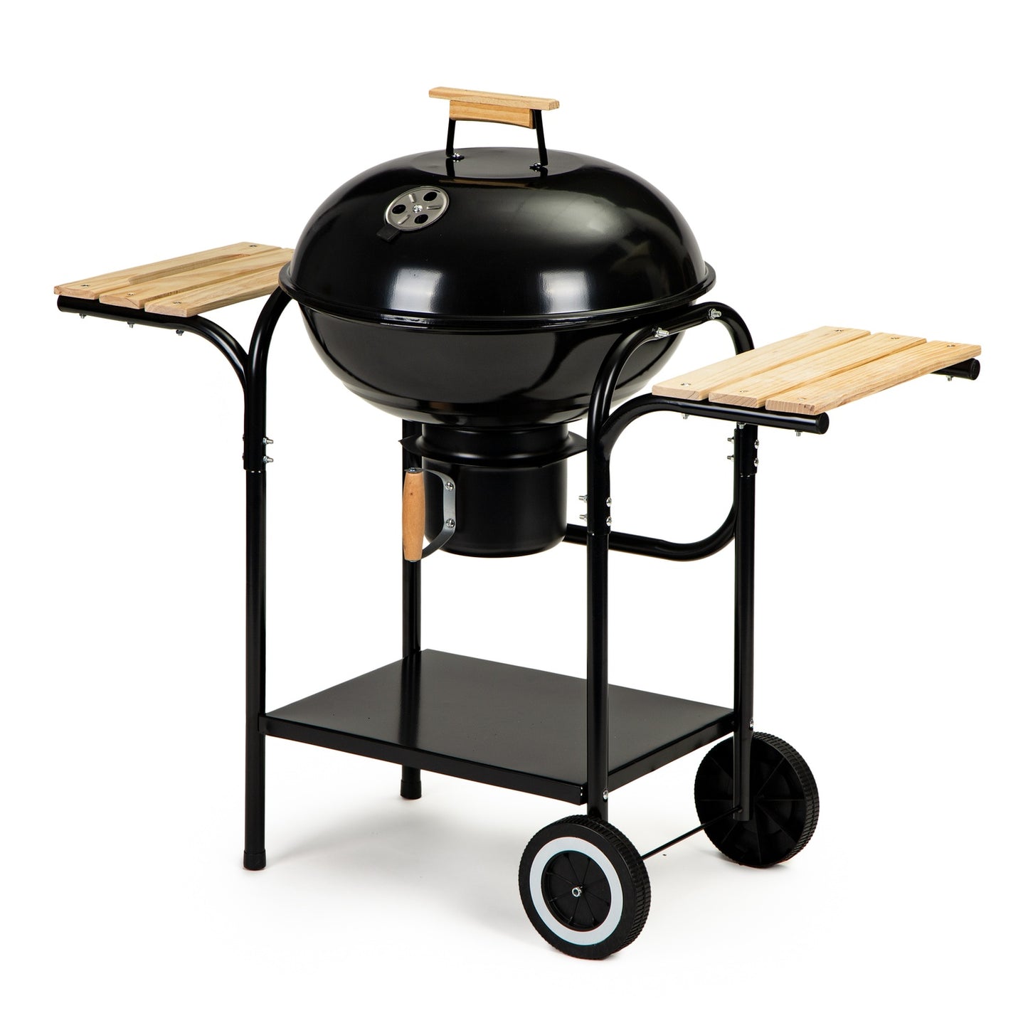 Charcoal garden grill with cover and shelves, grate and ash pan