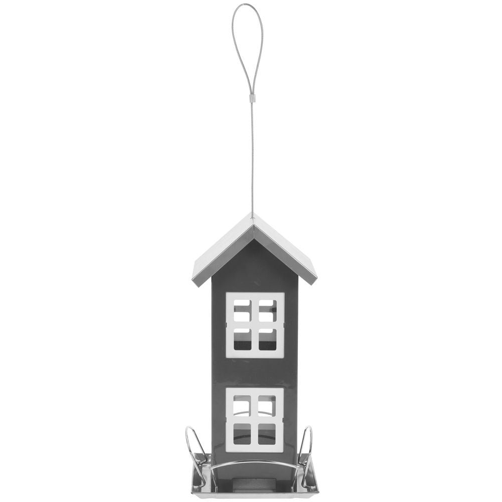 Charming house-shaped bird feeder in gray metal with seats