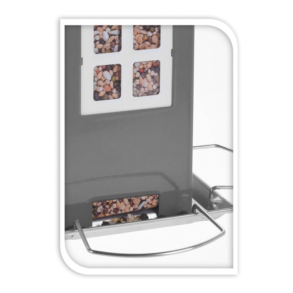 Charming house-shaped bird feeder in gray metal with seats