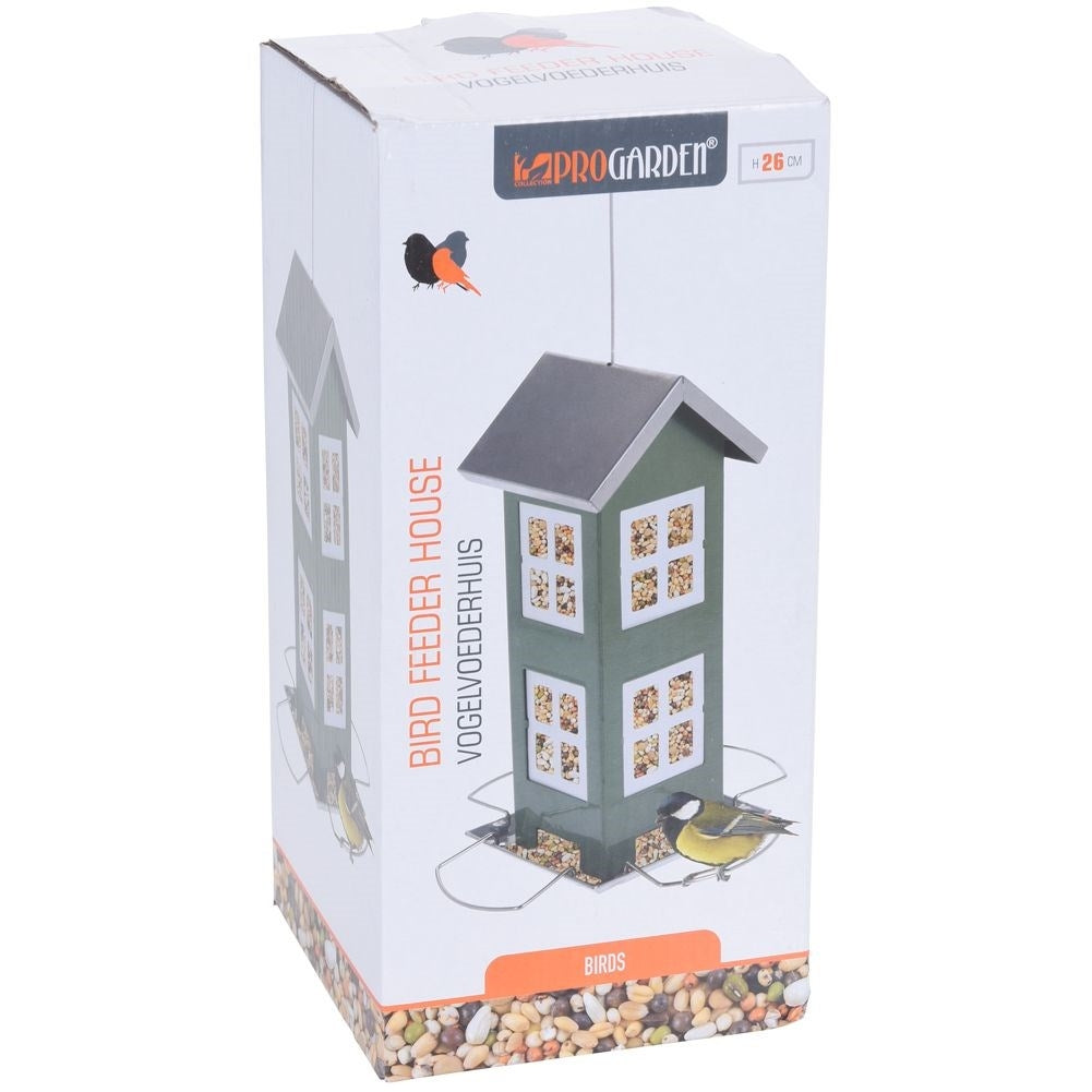 Charming house-shaped bird feeder in gray metal with seats
