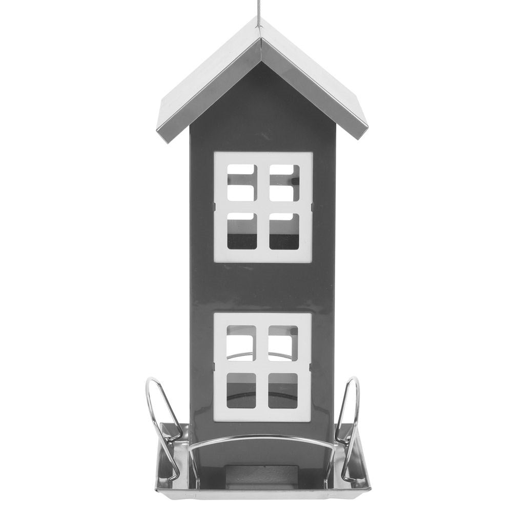 Charming house-shaped bird feeder in gray metal with seats