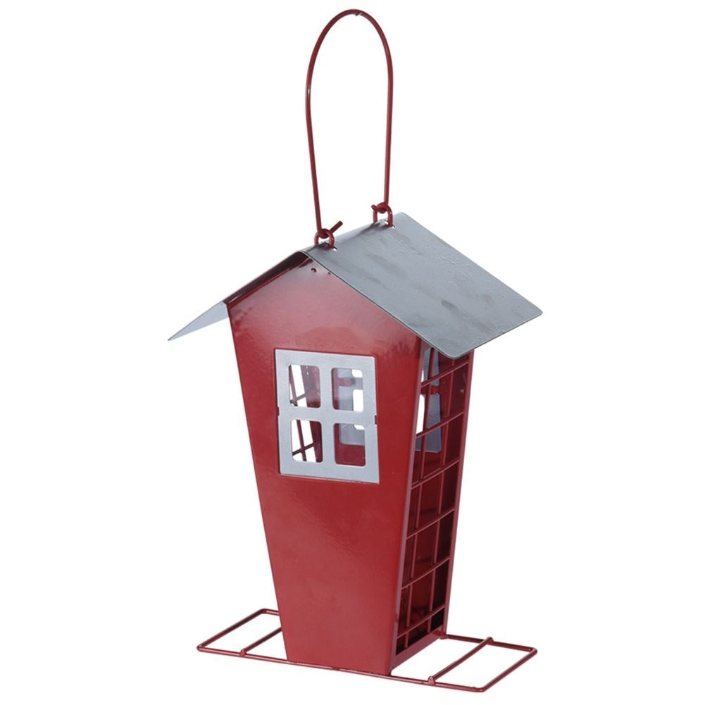 Charming house-shaped bird feeder in red metal with 4 openings
