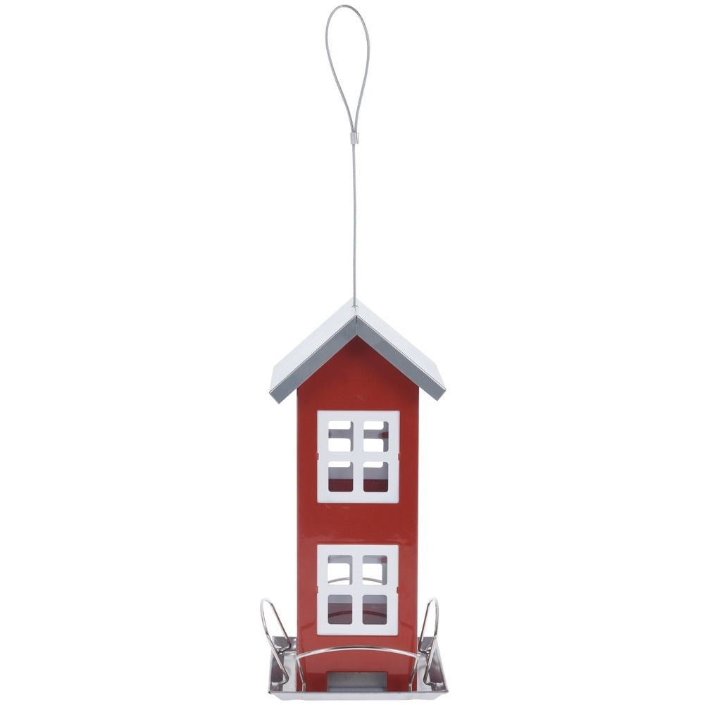 Charming red metal birdhouse with four seats