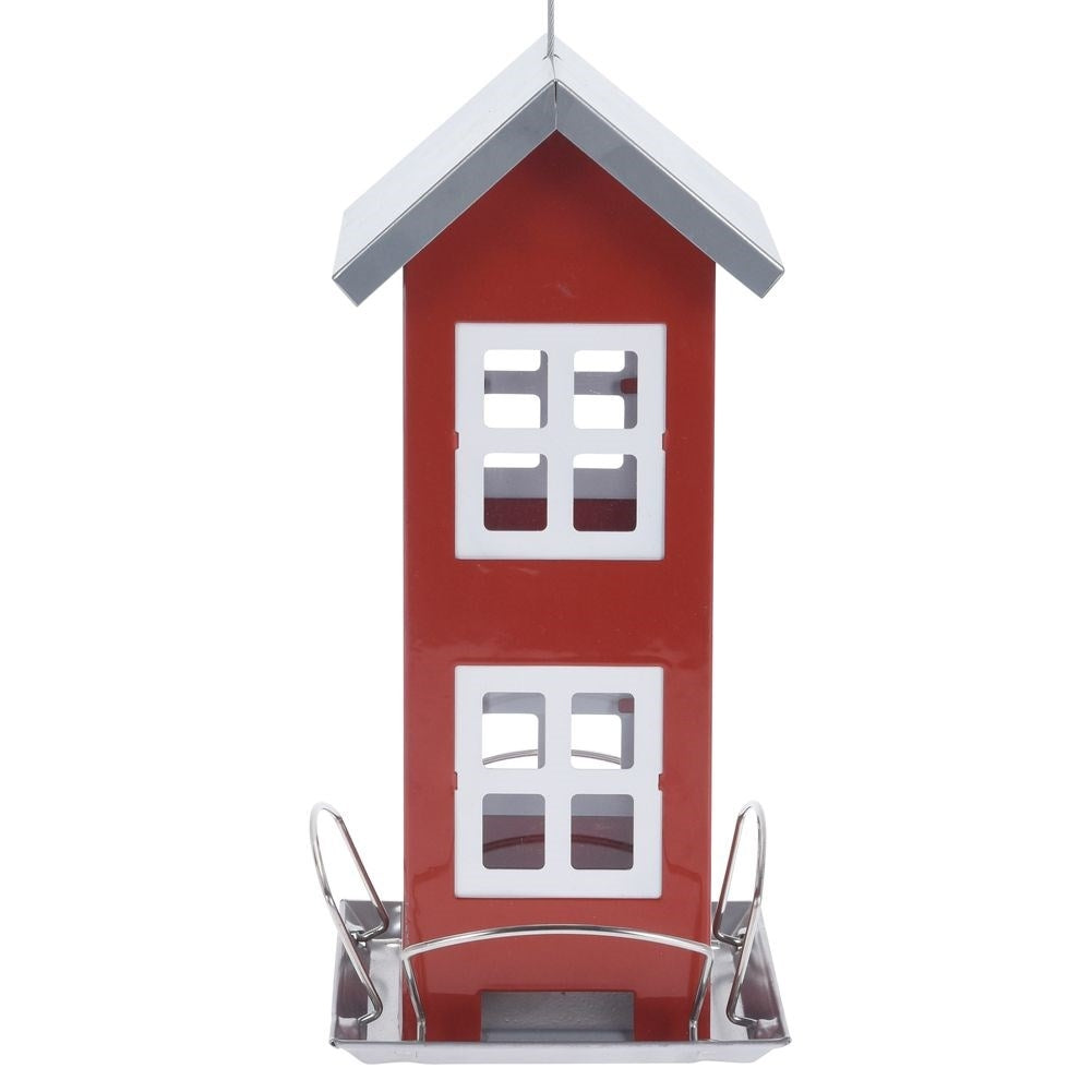 Charming red metal birdhouse with four seats
