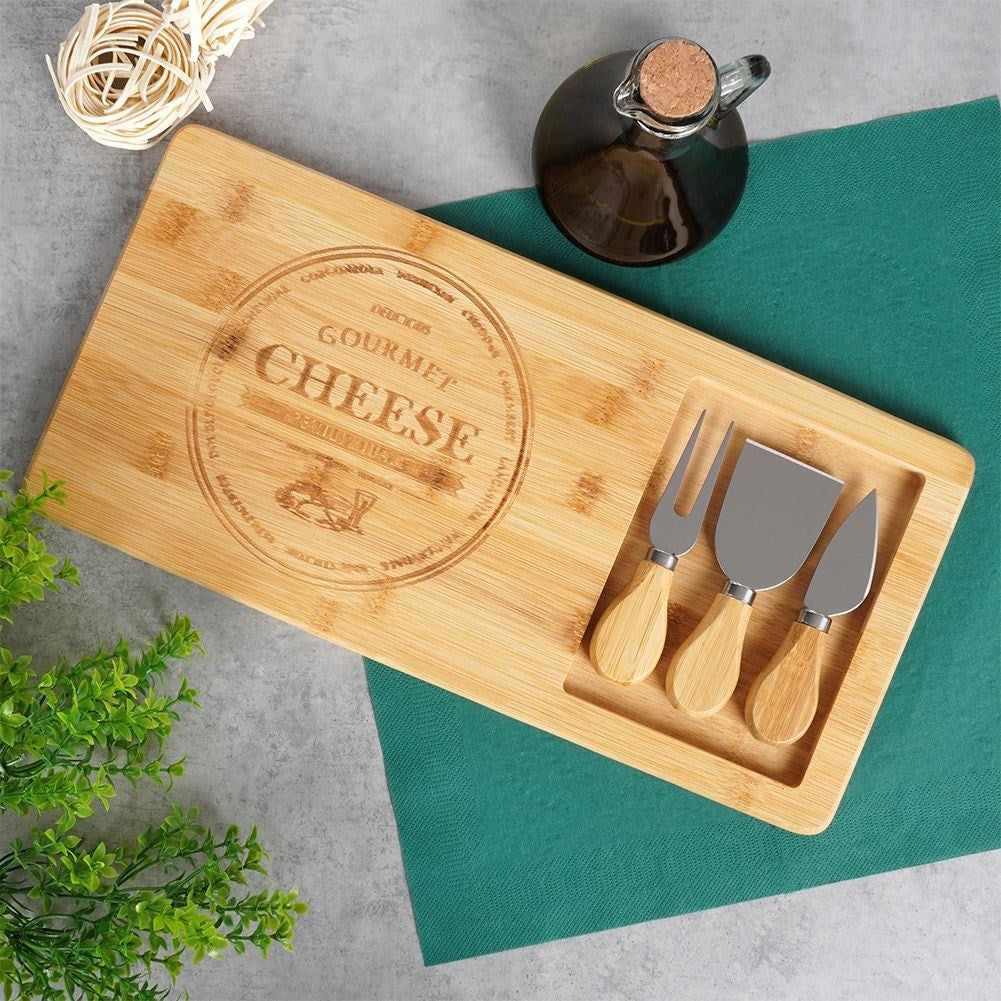 Cheese tray with accessories in bamboo and stainless steel
